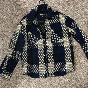 Fashion Nova Blue and Cream Checkered Jacket